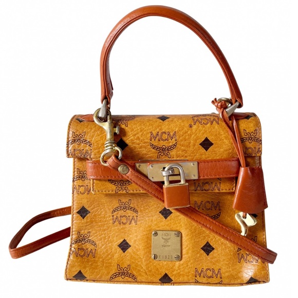 MCM Handbags - MCM cognac visetos monogram vintage mini Kelly crossbody top handle bag